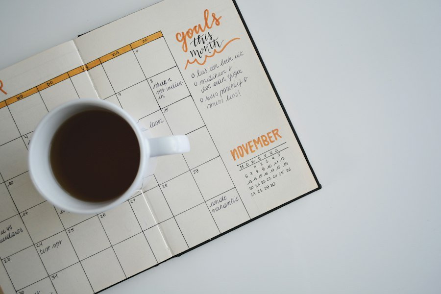 Monthly goals planner with coffee