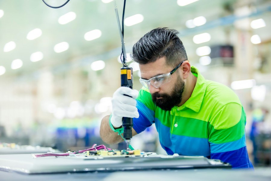 Technician working on electronic equipment