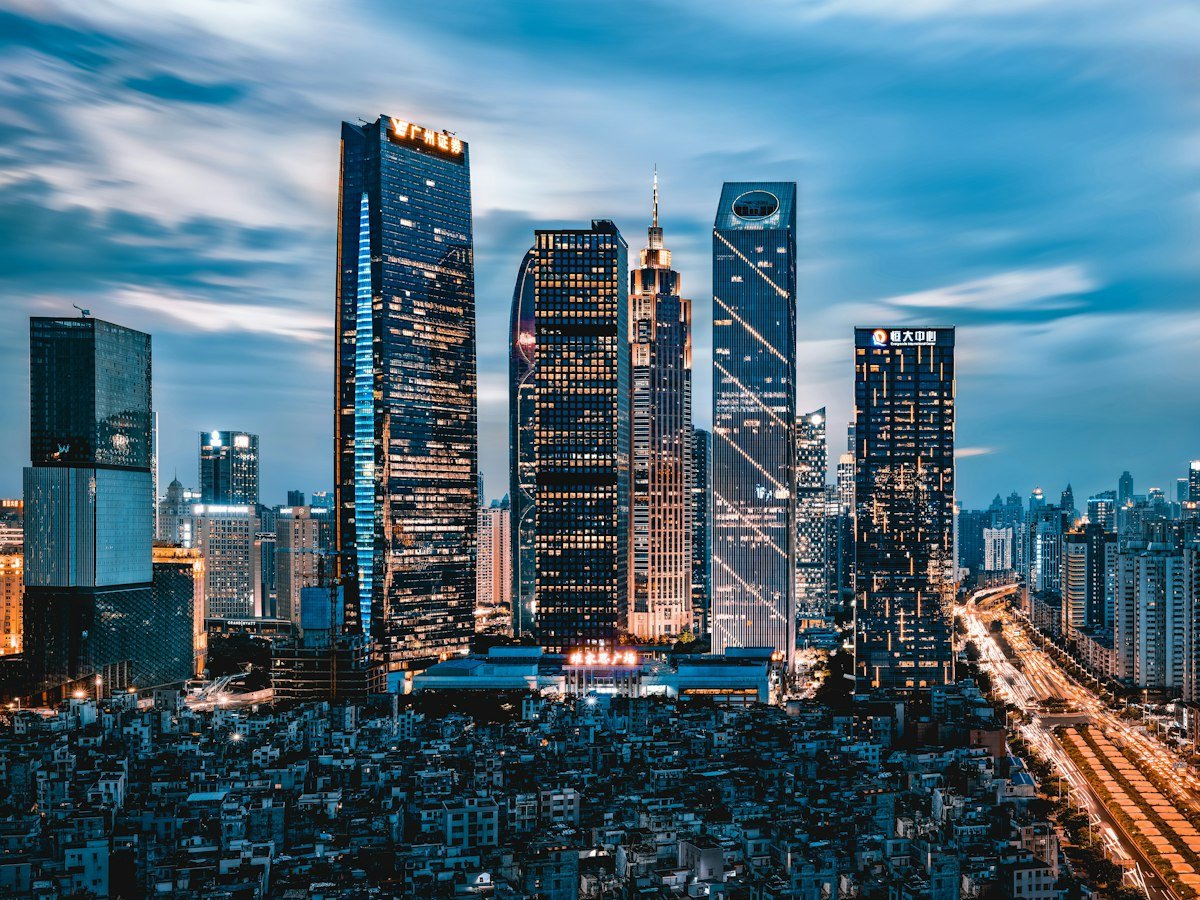 Guangzhou towers under a blue sky